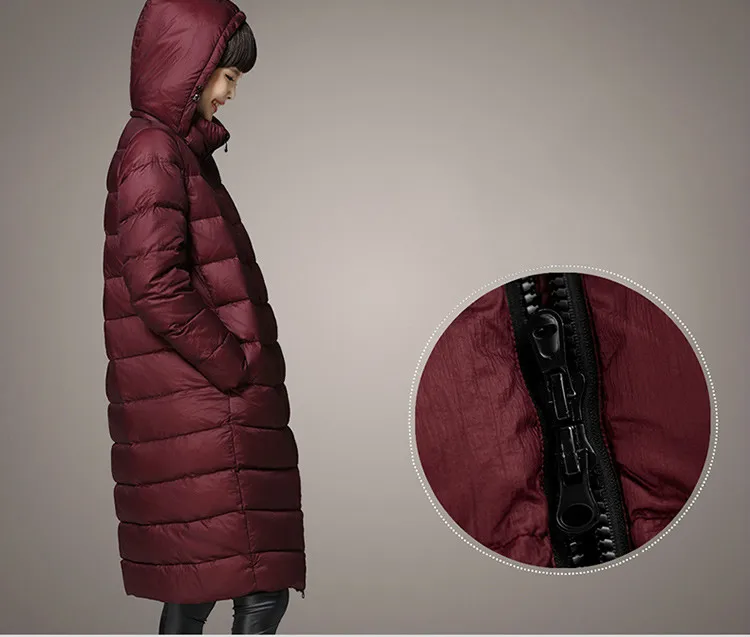 Мода, зимние женские куртки с наполнителем из утиного пуха, теплая Женская парка с капюшоном, длинное плотное пальто, женское свободное дизайнерское красное вино