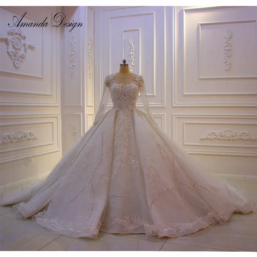 Аманда дизайн vestido де novia Длинный рукав аппликации кружевные со стразами Королевское свадебное платье