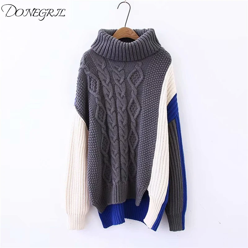 2020 European and American autumn winter new women's multi-color stitching loose irregular sweater | Женская одежда