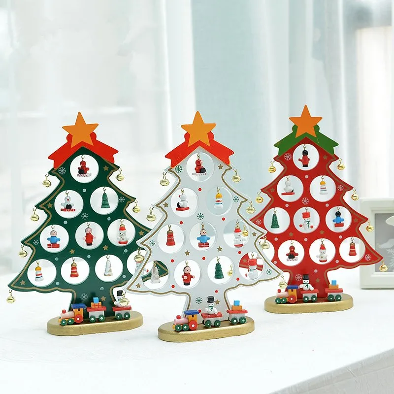  XMAS Gift 1pc mini table XMAS trees Decoration wood christmas tree with ornament for X'mas More Tha