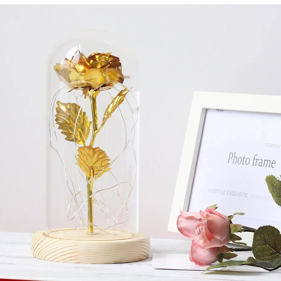 Красота и чудовище, Платиновый светодиодный искусственный цветок, Золотая Роза в стеклянном куполе, черная основа для подарка на День Матери