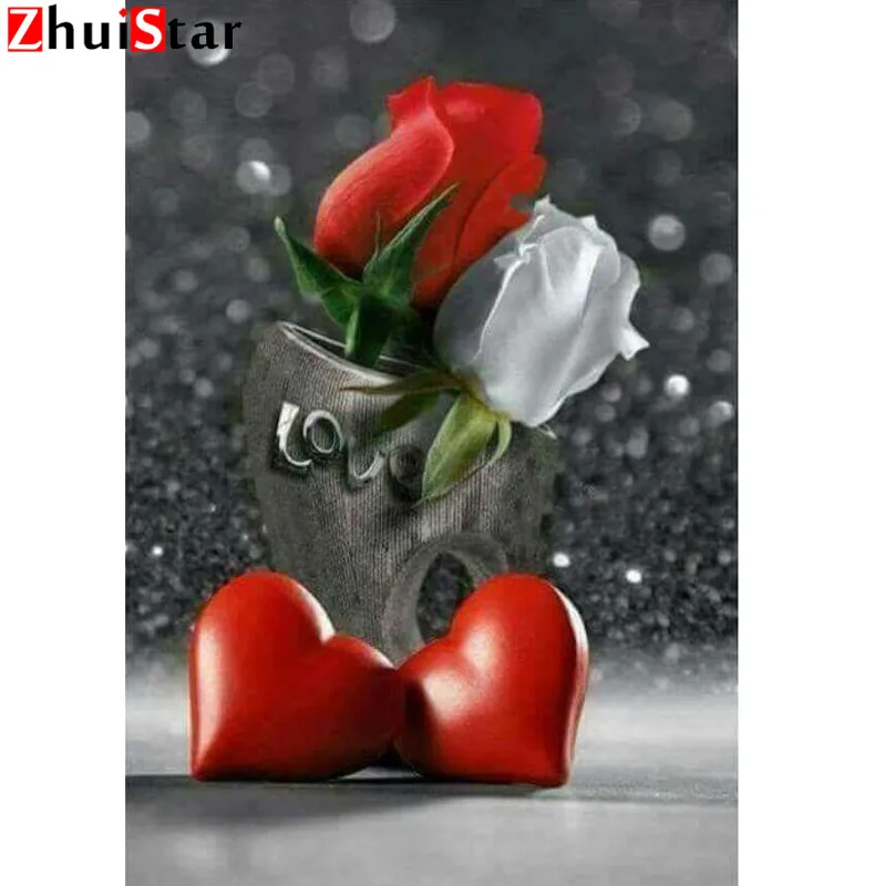 

Full 5D diy Daimond Painting Cross-stitch Red&White Rose 3D Diamond Painting Full Rhinestones Heart Paintings Embroidery XY1