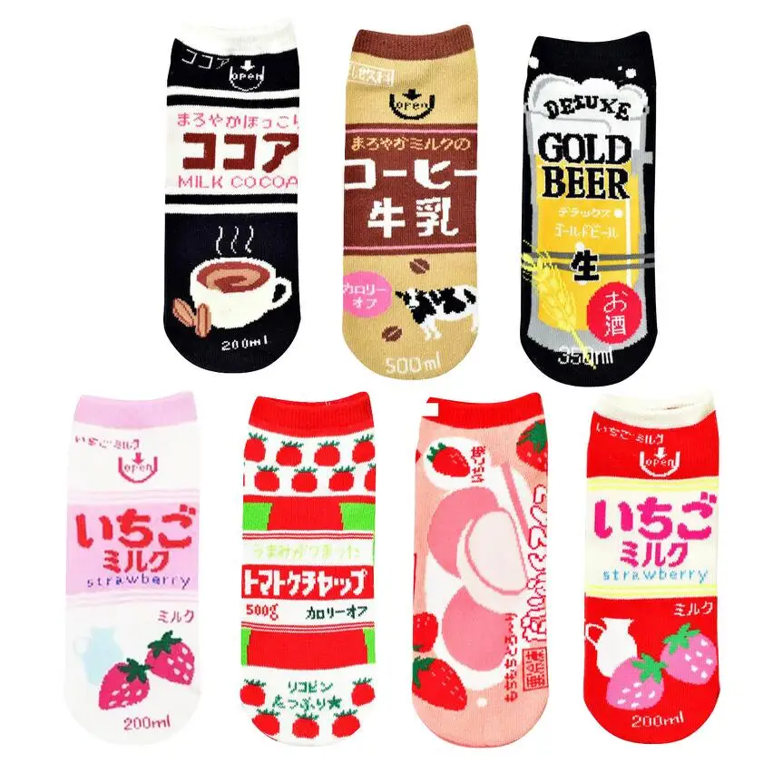 

Kawaii Cute Funny Socks Summer Japanese Harajuku Cartoon Female Boat Socks Drink Strawberry Milk Black White Pink Short Socks
