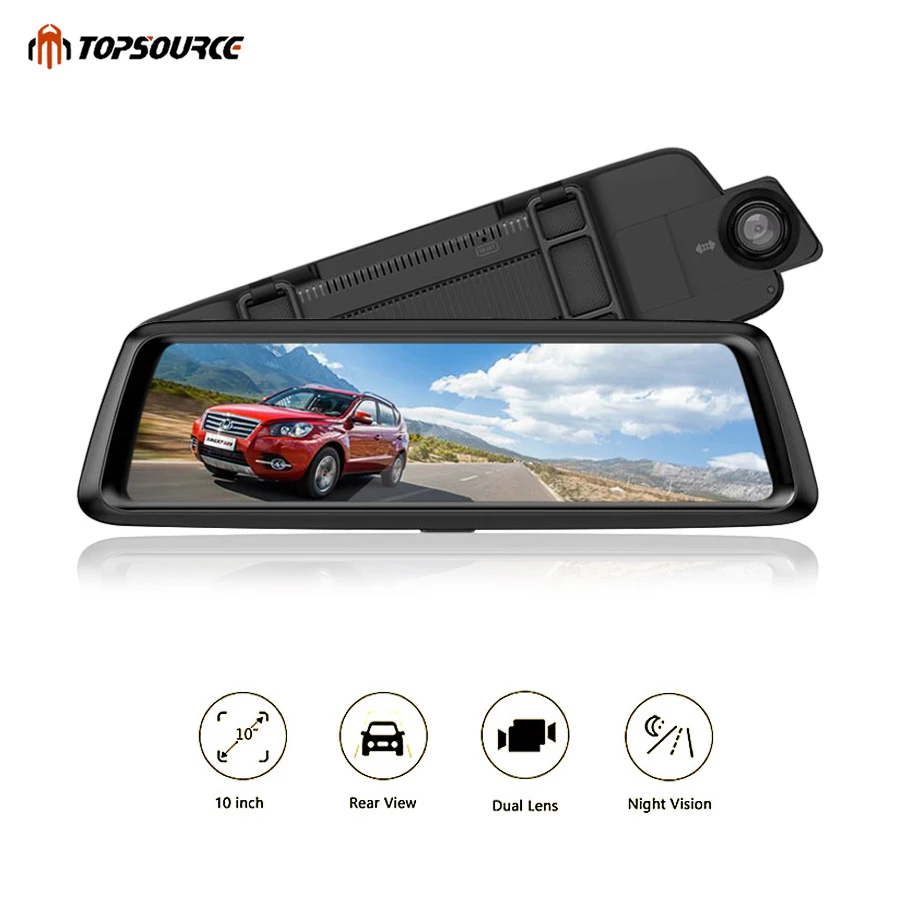 

TOPSOURCE Car DVR HD 1080P 10" IPS Screen Car Dvr Dual Lens Camera Auto Rearview Mirror DVR Video Recorder