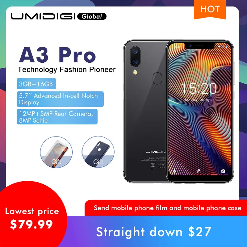 

UMIDIGI A3 Pro Global Band 5.7"19:9 FullScreen smartphone 3GB+16/32GB Quad core Android 8.1 12MP+5MP Face Unlock Dual 4G 3 Slots