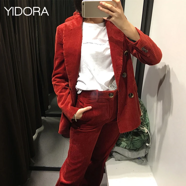 Latest Lapel Long Sleeves Double breasted Corduroy Blazer + Corduroy ...