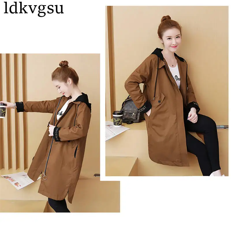 New Windbreaker Female Long Section Spring Autumn Jackets Women Korean Large Size Loose Hooded Casual Coat Ladies V307