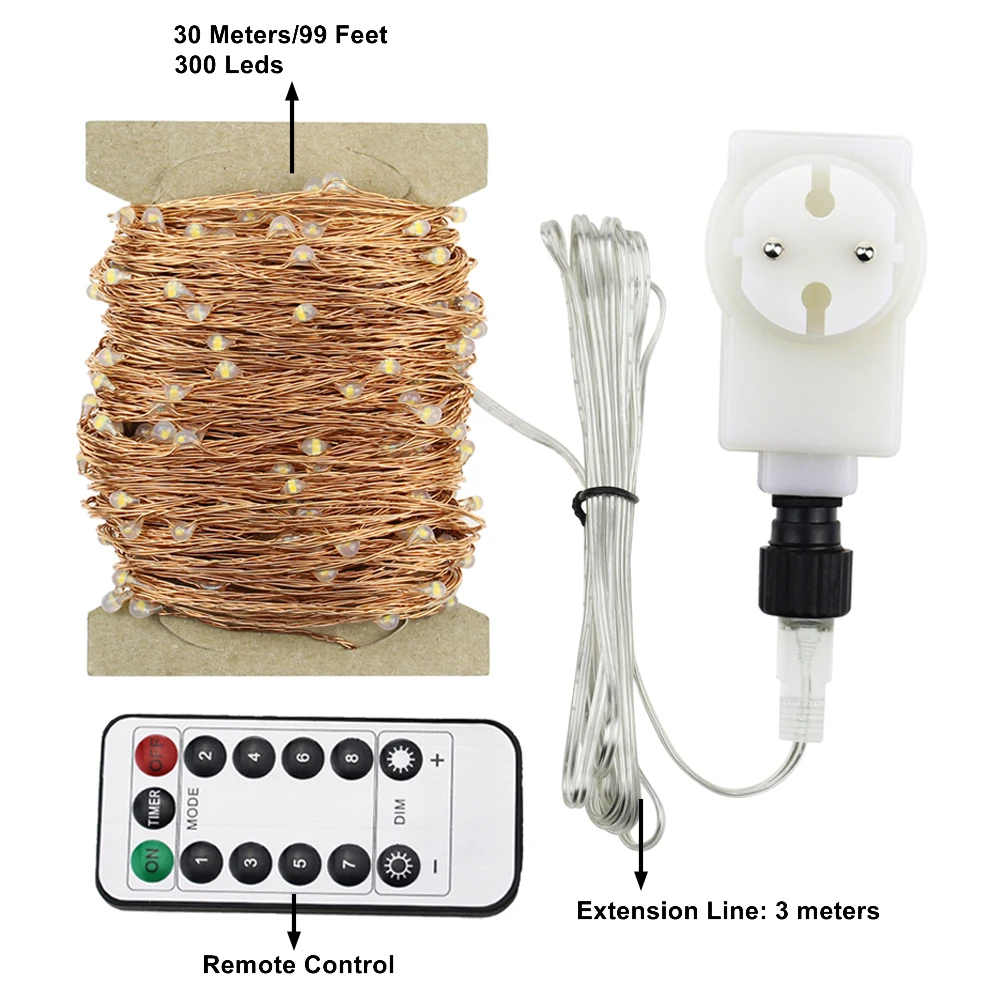 Дистанционный и таймер Dimable светодиодный светильник 300-1000 светодиодный s Звездные огни, 30 м-100 м медный провод Рождественская фея Веревка огни+ ЕС/Великобритания адаптер