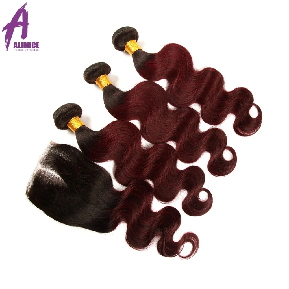 Alimice Hair Ombre Brazilian Body Wave 3 Bundles With Closure 1B99J Ombre Human Hair Bundles With Closure Remy Hair 4PcsLot (1)