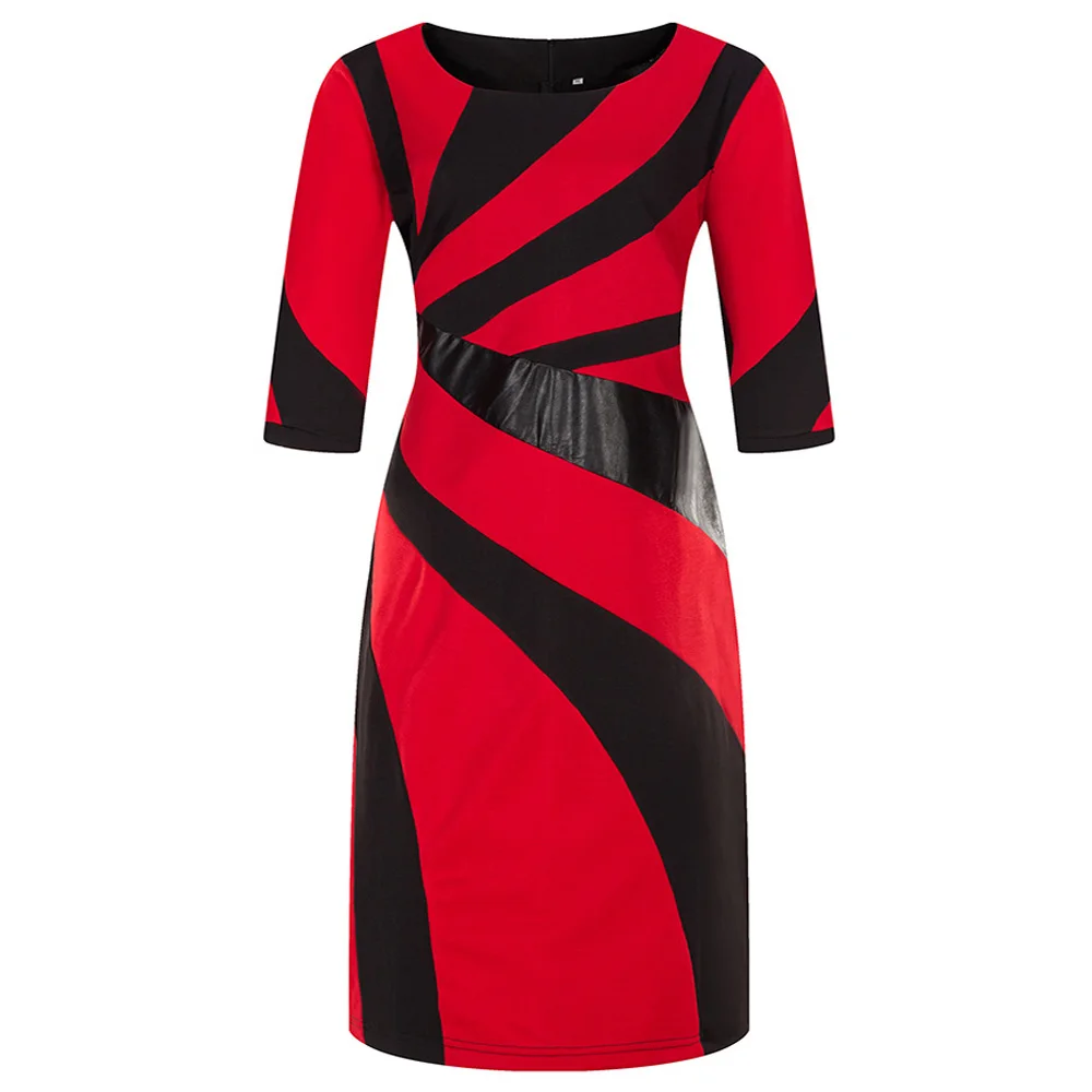 Wipalo Women Plus Size Stripe PU Leather Contrast Stitching Dress O Neck Bodycon Office Lady Work Dress Ladies Business Wear 6XL