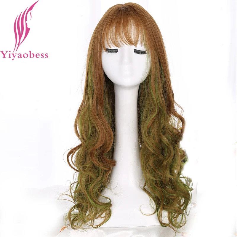 Yiyaobess Synthetic Brown Green Ombre Wig With Bangs Natural Long