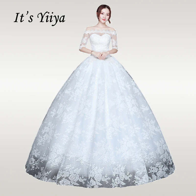 It's YiiYa Wedding Dress Full Pattern Elegant White Half Seeve Weddding Dresses Plus Size Boat Neck Vestido de novia XXN220 - Цвет: Белый