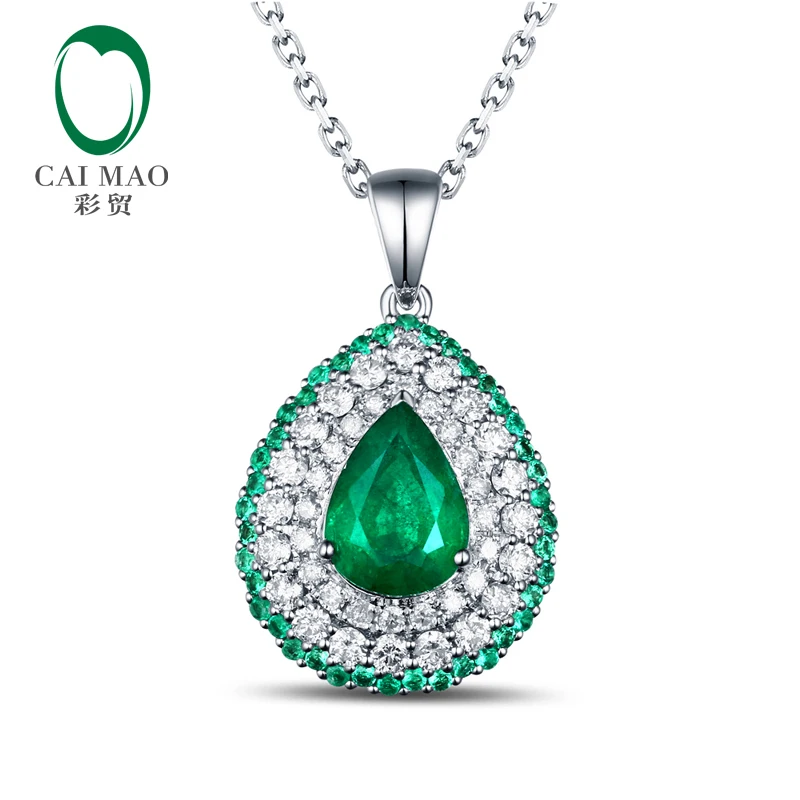 Free shipping Pear Cut 0.95ct Emerald 14kt White Gold Round Cut Diamonds Pendant For Necklace