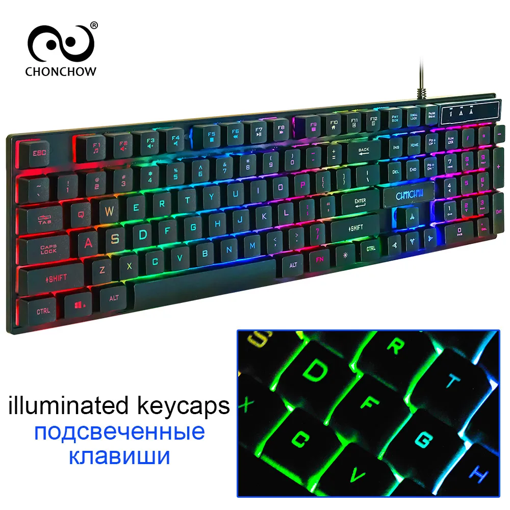 Pаспродажа Проводная игровая клавиатура с подсветкой Бесплатная RU ES FR HE раскладка стикер USB проводной компьютер Pro Gamer клавиатура игры механические ощу...