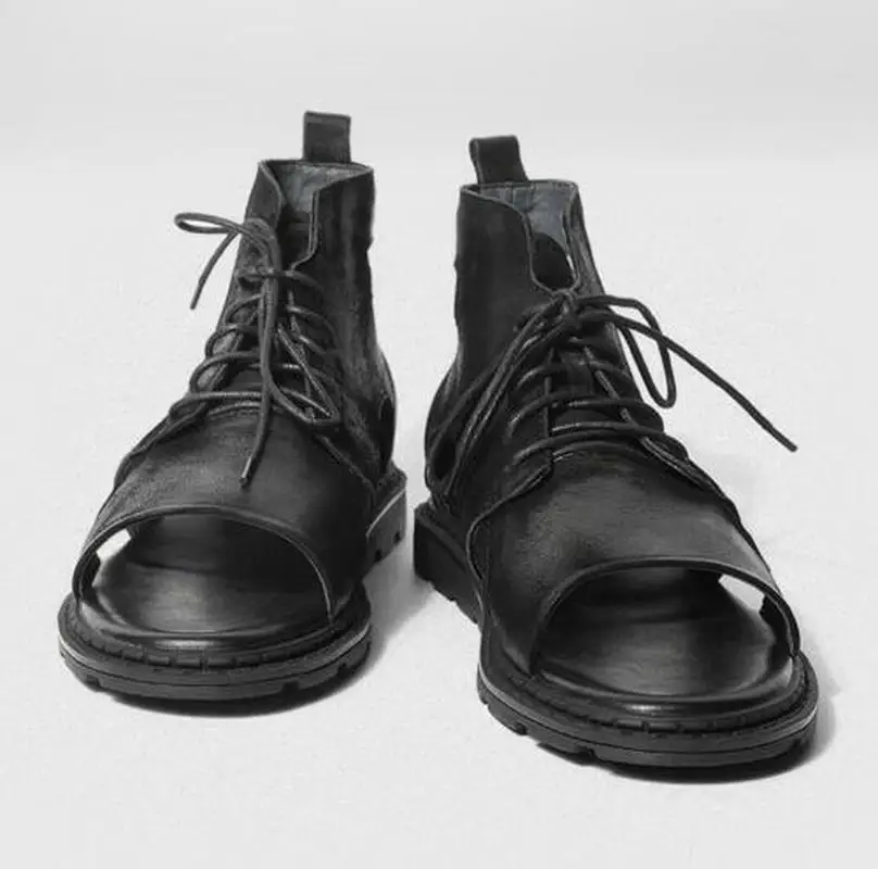 Мужские сандалии-гладиаторы с высоким берцем из натуральной кожи; повседневная обувь на шнуровке; пляжная обувь в римском стиле; A214