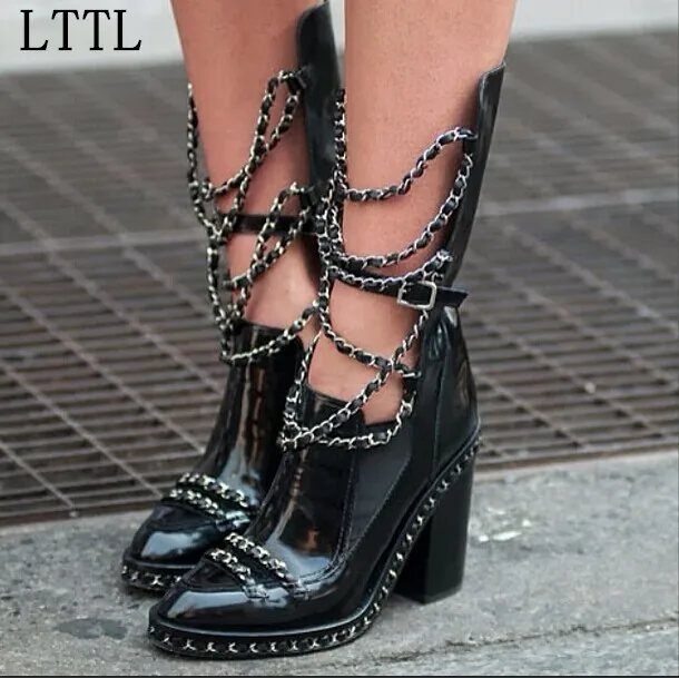 2016 Autumn Winter Fashion Chain Martin Boots Women Sexy Thick High-heeled Multi-function Boots Nigthclub Party Long Boots