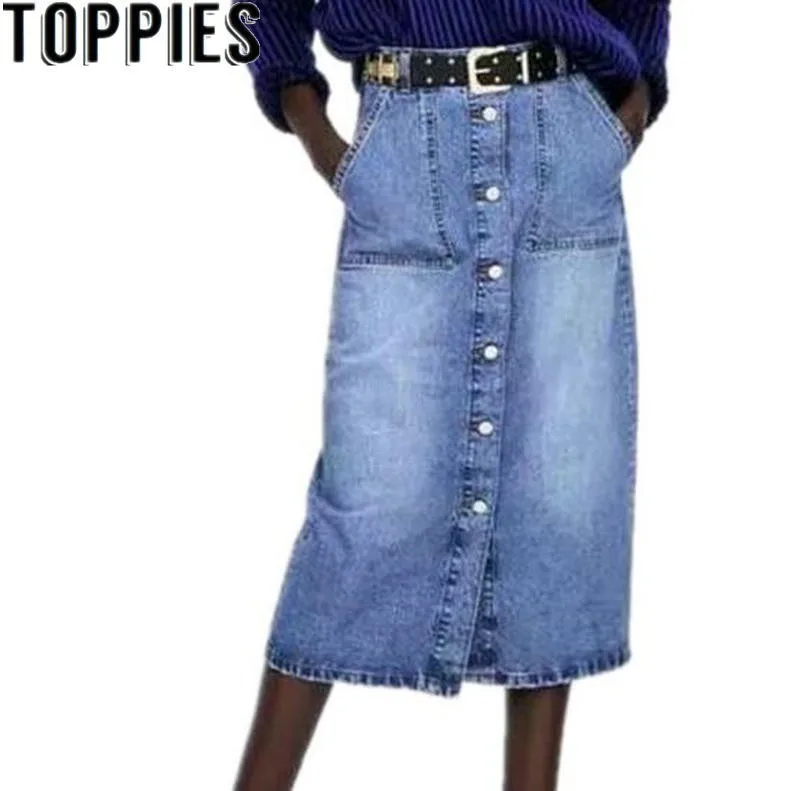 Tanie 2018 Jesień Kobiety Mody Denim Sp oacute;dnice Prosto Długie Sp oacute;dnice z Przycisk oacute;w Blue Washed Midi Jeans Sp oacute;dnice