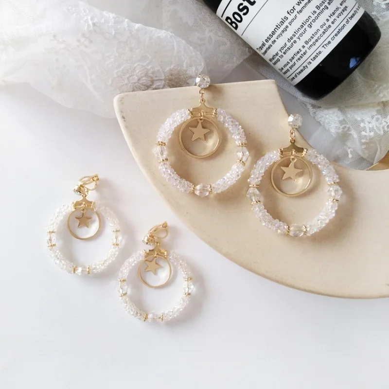 

Korean Sweet Girl Temperament Simple Shiny Geometry Crystal Glass Clip Earrings Fashion Women Temperament Rhinestones Jewelry