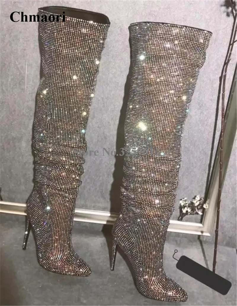 Au Longue Talon Luxe Bling Femmes Strass Genou Nouveau Design Bout Sur Bottes De Aiguille Pointu Des Mode Cristal Chaussures KclF1TuJ3