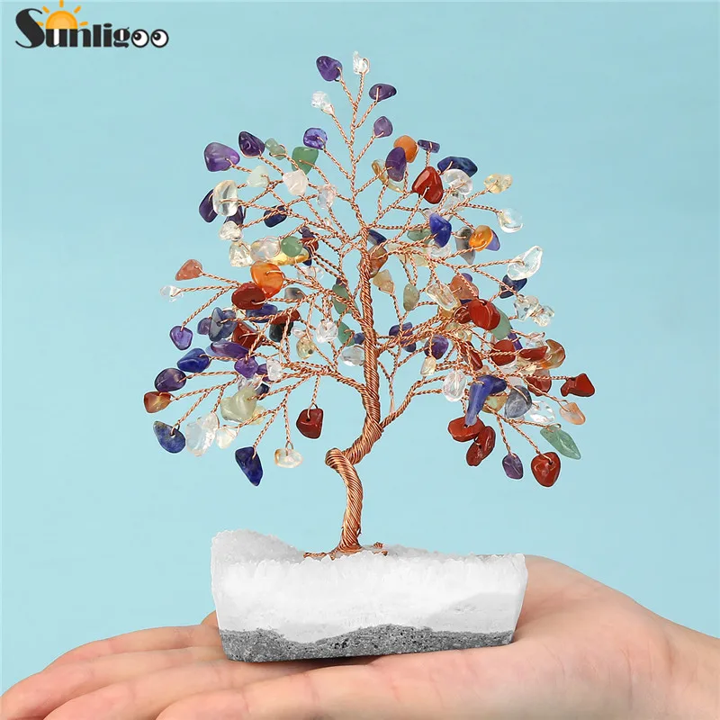 Sunligoo 1pc Natural Stone Feng Shui Bonsai Money Tree on Clear Quartz Cluster Base for Protection Healing Home Decor 5.51-6.29"