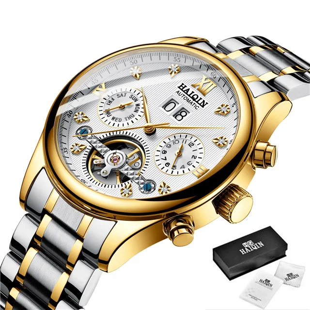 HAIQIN Men's Watches Top Brand Luxury Business Machinery Sport Wristwatch Mens Waterproof Tourbillon Clock Relogio Masculino - Цвет: S-Golden white