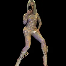 Sexy Кристаллы Стретч Обнаженная комбинезон Для женщин обтягивающие леггинсы боди Верхняя одежда камни полые трико одежда платье для сцены