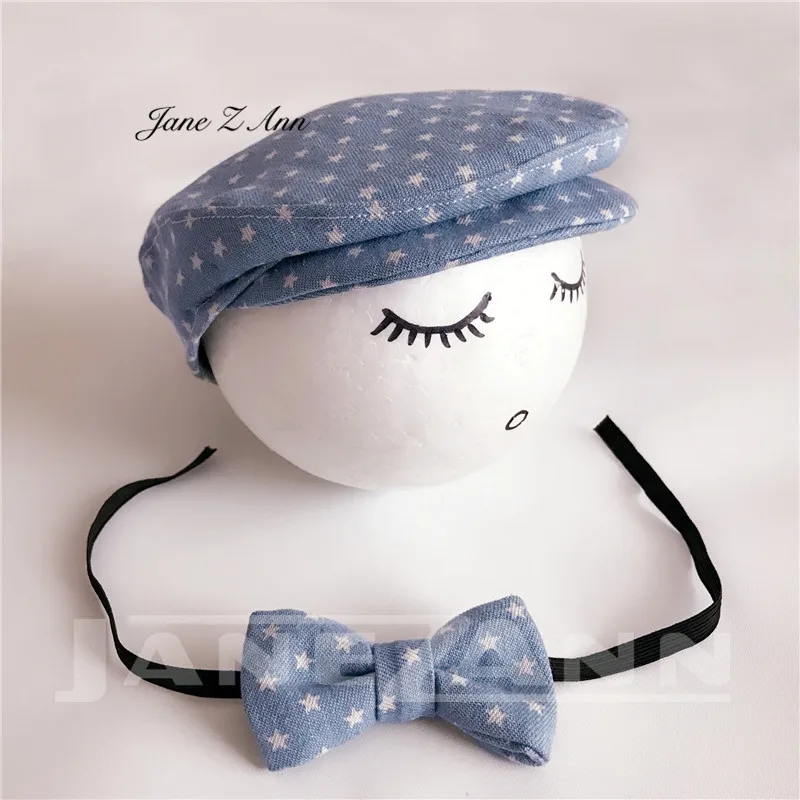 Джейн Z Ann бутафория для фотографирования для маленьких мальчиков берет шляпа+ галстук-бабочка комплект новорожденных реквизит для фотографии новорожденных Кепка джентльмена Одежда для фотосессии - Цвет: jeans blue