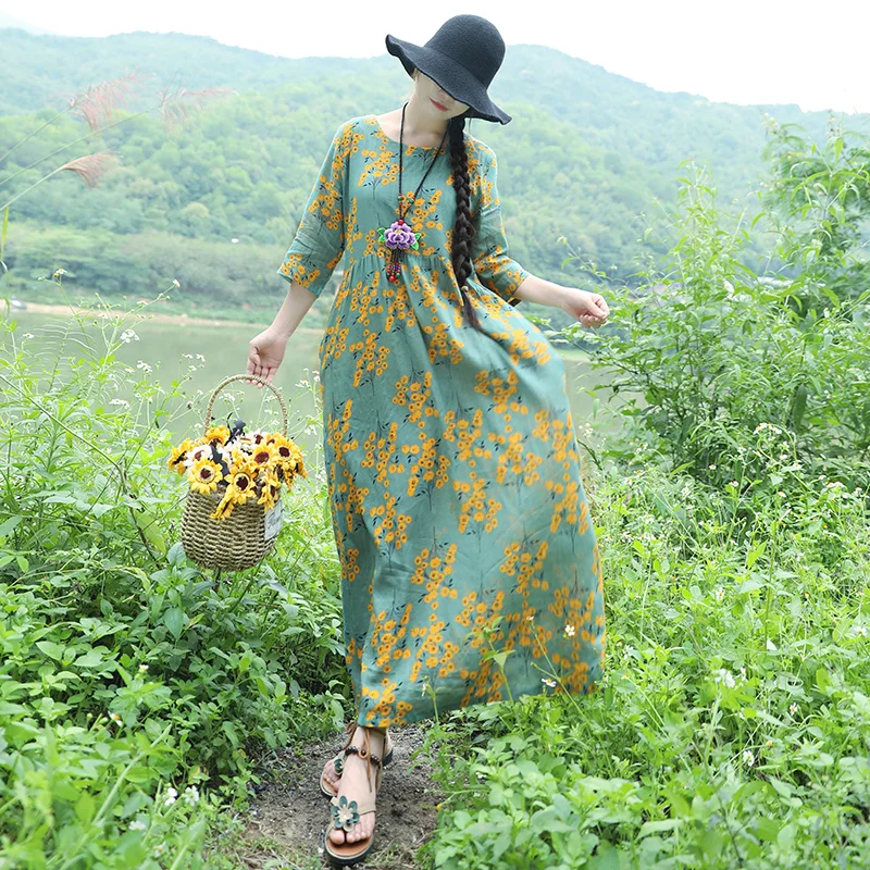 

Summer Vintage Ethnic Mori Girl Women Floral Print Cotton Linen Dress Femme Beach Holiday Loose Plus Size A-line Dress Vestidos