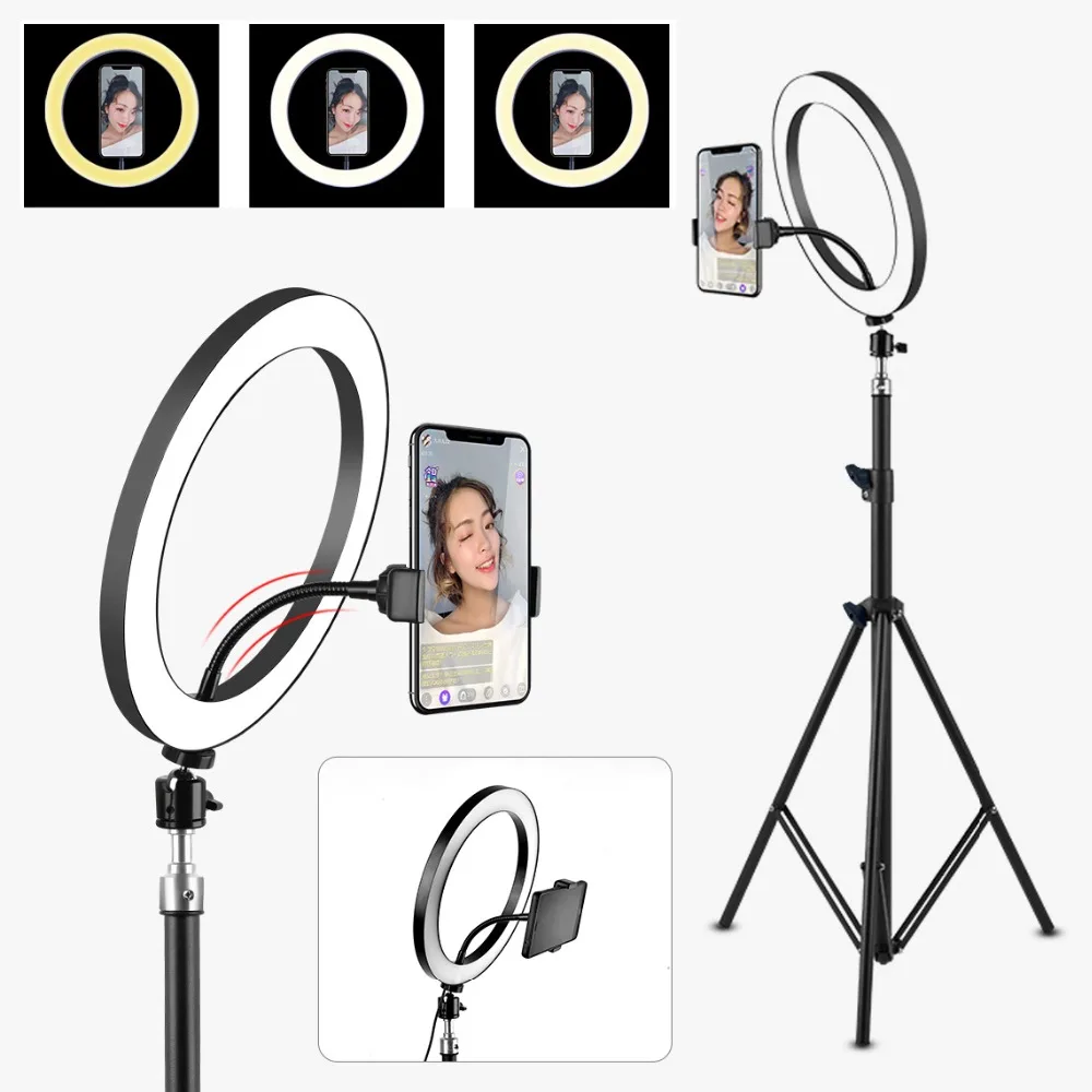 

10" 26cm Ring Light LED Selfie Ring Light Photography Studio For Mobile Phone Camera Makeup Video Live With Phone Clip&Tripod