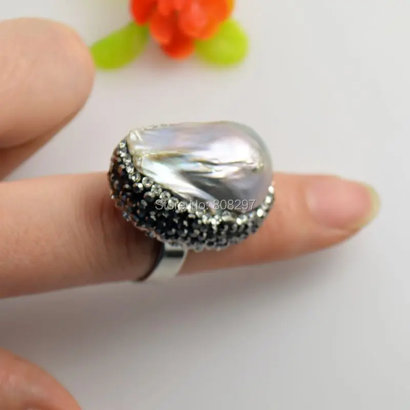 Для женщин 5 шт. натуральный пресноводный жемчуг кольца, кристалл горный хрусталь проложили жемчуг Регулируемые кольца с драгоценными камнями Размер