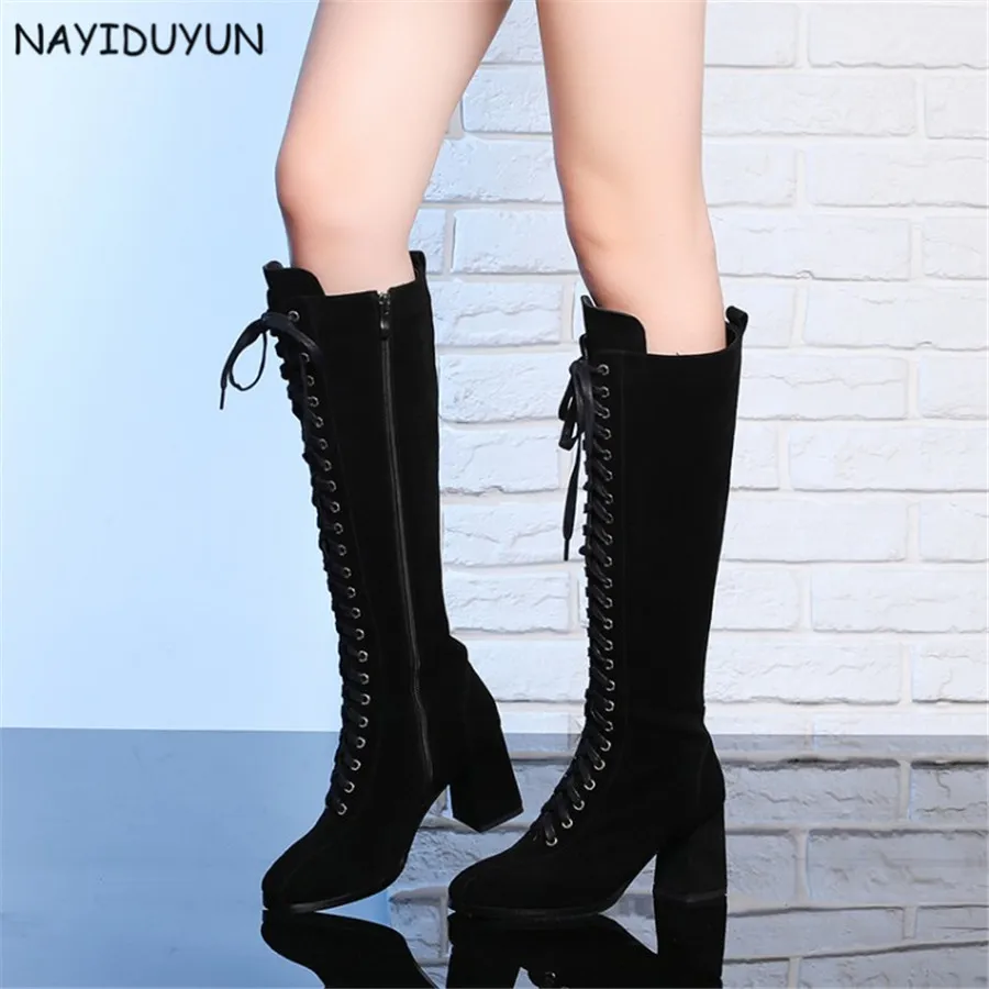 round toe knee high heel boots