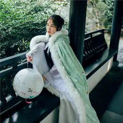 Hanfu Женская винтажный плащ с кепки зима китайский стиль утолщенной зеленый вышитые длинное платье зимнее пальто летучая мышь узор Плащ