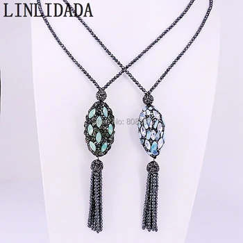 

Fashion 3Pcs Nature Stone Pave Rhinestone Crystal Oval Bead and Hematite Tassel Pendant Hematite Beaded Necklace