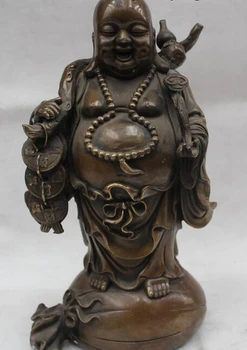 

R0717 Details about 12"China Buddhism Bronze Happy Laugh Maitreya Buddha Ruyi money Bag Statue (B0328)