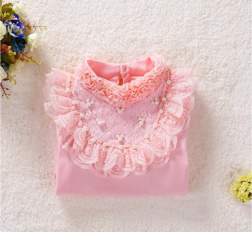 Коллекция года, новая весенняя детская одежда кружевные топы и блузки с длинными рукавами и жемчужинами для девочек Высококачественная нижняя рубашка для маленьких девочек, детские рубашки