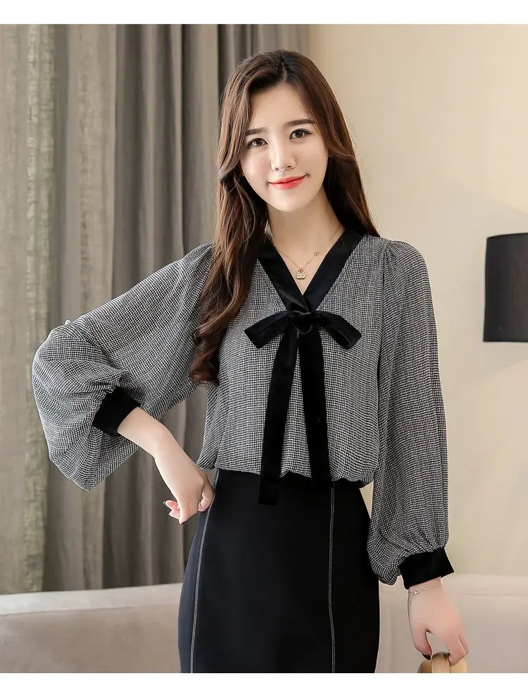 Black Plaid Shirts Women Autumn Bow V-Neck Blouses Womens Tops Elegant Long Sleeve Chiffon Blouse Autumn Tops Blusas Mujer 2019 (3)