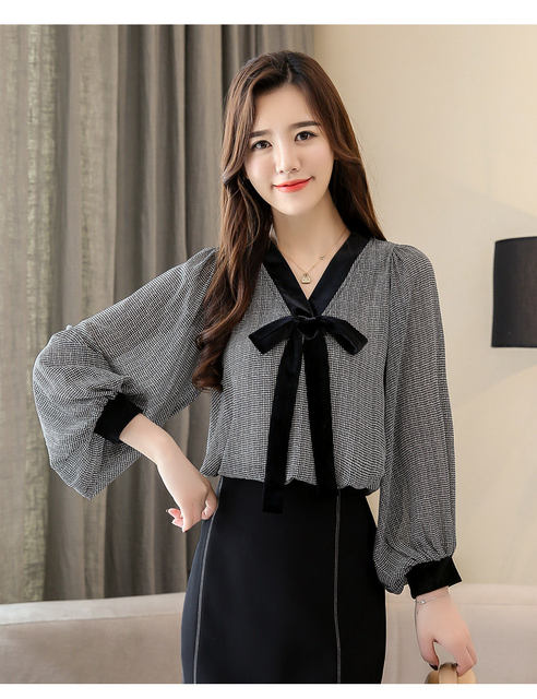 Black Plaid Shirts Women Autumn Bow V-Neck Blouses Womens Tops Elegant Long Sleeve Chiffon Blouse Autumn Tops Blusas Mujer 2019 (3)
