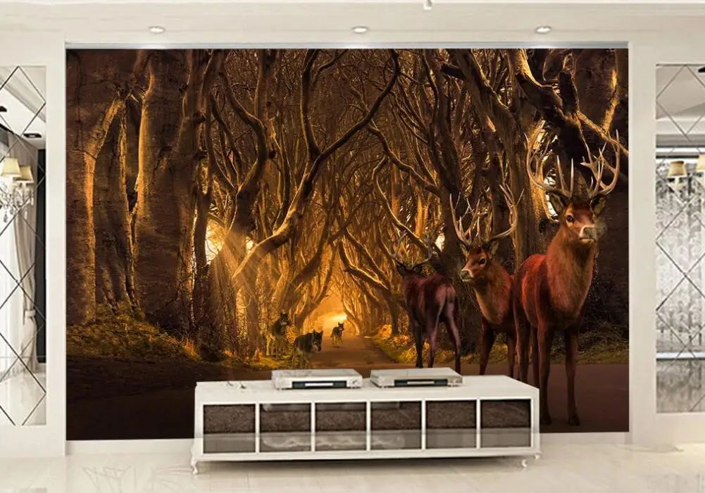 Custom large 3D mural wallpaper Nordic forest elk landscape background wall