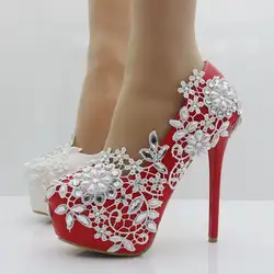 Белые свадебные туфли с кружевным цветком, женские свадебные туфли на высоком каблуке с круглым носком, туфли-лодочки Красного вечерние