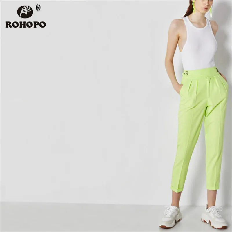 

ROHOPO Preppy Female Pant Solid Buckle Waist Ankle Length Pencil Casual Pant Red Ligh Green Trousers #UK9183