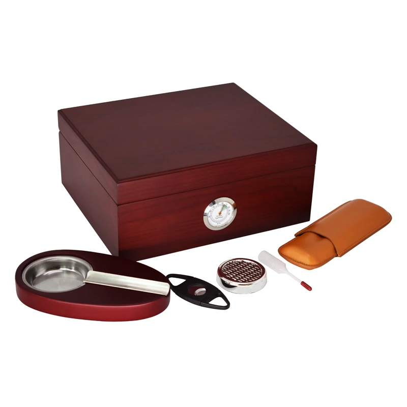 

High-end mellow cedar wood Humidor Smoking Sets Cherry Black Cigar Storage Box With Cigar Ashtray Cutter Leather Case Gift Sets