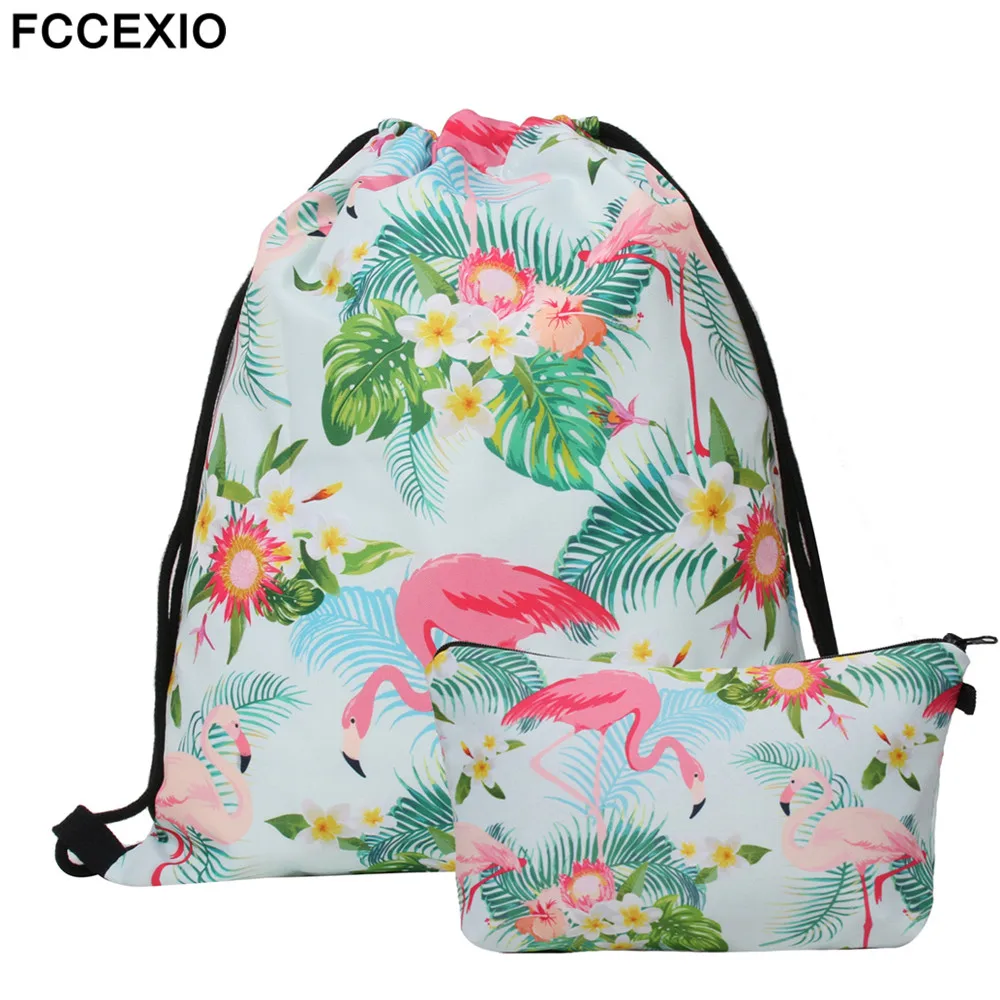 FCCEXIO New 2PCS/Set Drawstring Bags 3D Printed Flamingo Fashion Schoolbags Travel Bag School Backpack Street Shoulder Bags