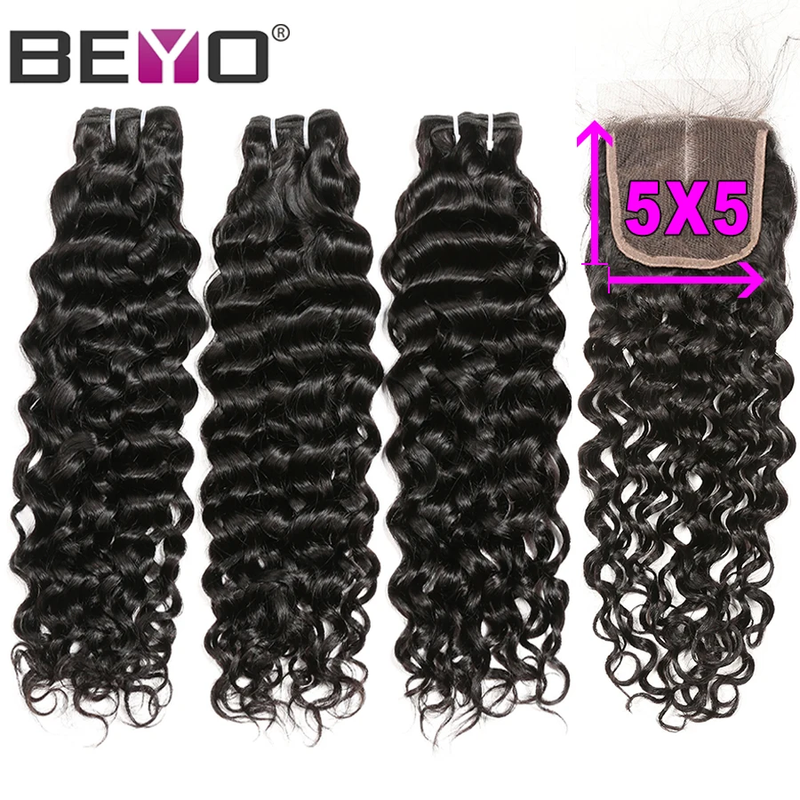 

Water Wave Bundles With 5X5 Closure Brazilian Hair Weave Bundles With Closure Human Hair 3 Bundles With Closure Non Remy Beyo