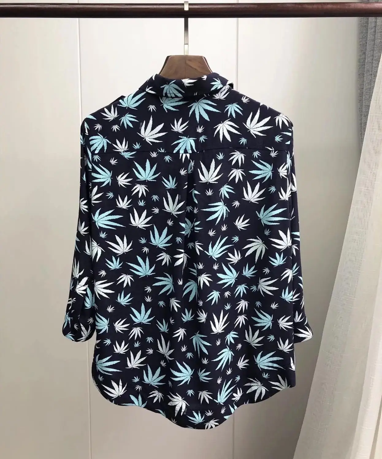 Women Double Pocket Maple Leaf Print Blouse New Turn Down Collar Casual Shirt