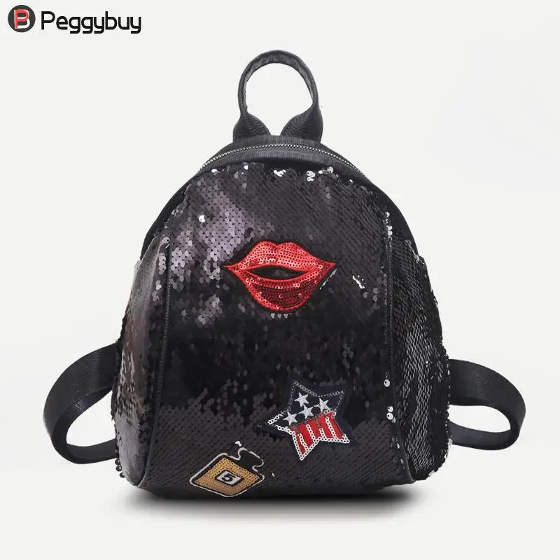 Mini Sequined Lips Backpack with Cute embroidery backpacks for Women Girls Travelbag Bling Shiny Backpack School Backpack