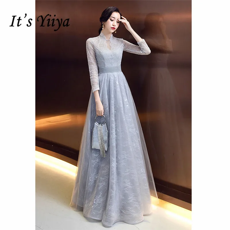 

It's YiiYa Evening Dress 2019 Formal Hollow-out Printing Tulle Long Women Party Dress High Collar Robe de Soiree Plus Size E505