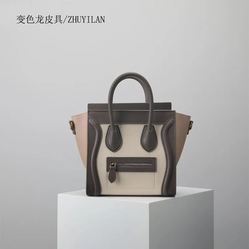 

2018 New fashion genuine handbag Hit color leather bag for woman bags Smiling shoulder handbags