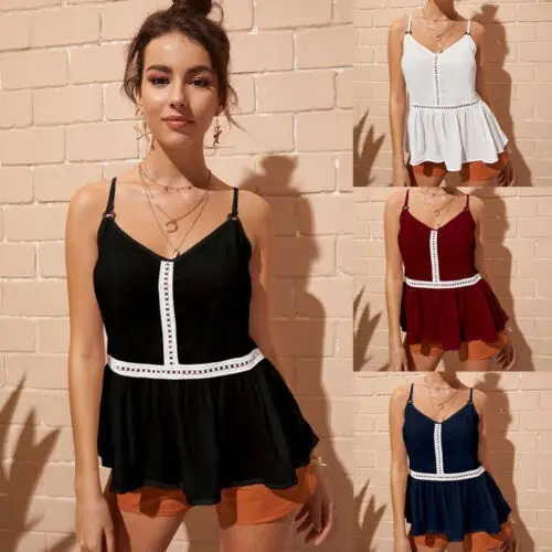 

Women Summer Sweet Sexy Solid Wine Red Strappy Ruffled Ruched Casaul Loose Strap Vest Tank Tops Swing Cami T-shirt