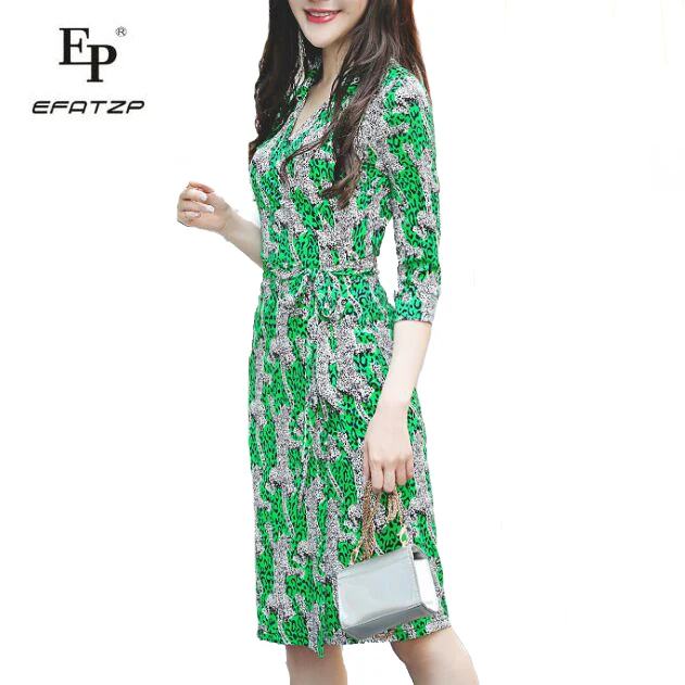

EFATZP High Quality Newest Fashion 2018 Spring Designer Dress Women Elegant 3/4 Sleeves green Print Slim Sheath Dresses