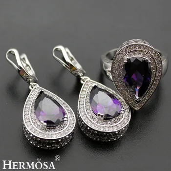 

Hermosa Jewelry Advanced Fashion Set Purple 925 Sterling Silver Women Ring+ Earrings 8# BK056